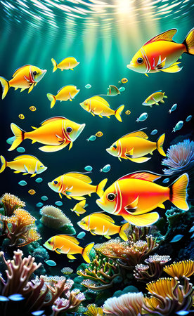 Golden fish swim in a vibrant coral reef. Sunlight filters through the water.