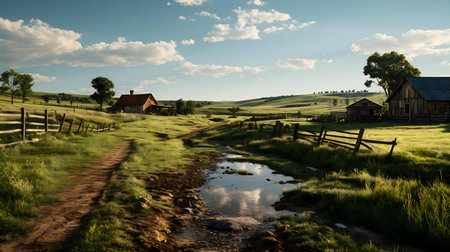 Picturesque countryside scene, serene ranch landscape, tranquil farm setting, calm and peaceful rural view.の写真素材