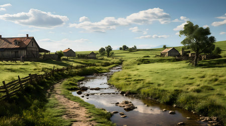A picturesque rural scene featuring farmhouses, lush green meadows, a stream, and a tranquil atmosphere.の写真素材