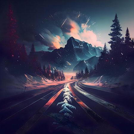 A magical winter road leads to majestic mountains under a mesmerizing night sky.の写真素材