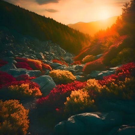 Stunning autumn sunset over a mountain range. Vibrant colors paint the rocky landscape.の写真素材