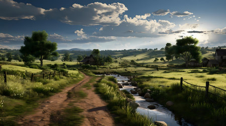 Tranquil rural landscape. Peaceful countryside scene with rolling hills and stream.の写真素材