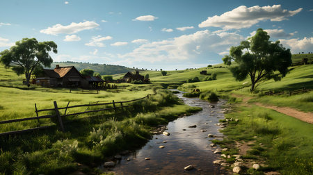 A picturesque village nestled in a serene countryside landscape. A gentle stream flows through lush green meadows.の写真素材