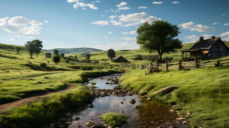 Peaceful countryside scene with creek, farmhouses, and lush green fields under a sunny sky.の写真素材