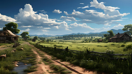 Picturesque rural landscape showcasing a quaint village nestled amongst rolling green hills under a vibrant summer sky.の写真素材