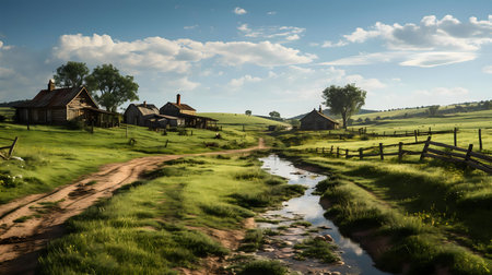 Picturesque rural village nestled in a tranquil landscape.の写真素材