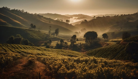 Golden sunrise over misty tea plantation hillsの写真素材