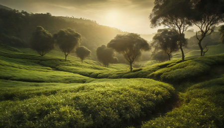 A breathtaking sunrise illuminates a vibrant green tea plantation. Rolling hills and scattered trees...