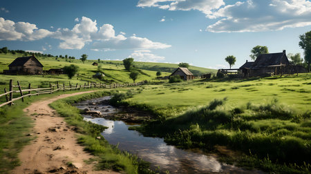 A tranquil rural scene. Houses dot a green valley, a stream flows nearby.の写真素材