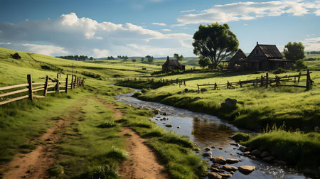 Peaceful countryside landscape with a stream, rustic houses, and rolling green hills.の写真素材