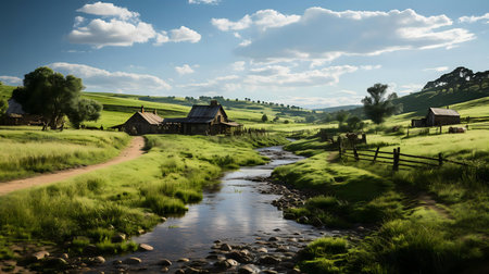 A picturesque village nestled in a serene rural landscape, a gentle stream meanders through lush green fields.の写真素材