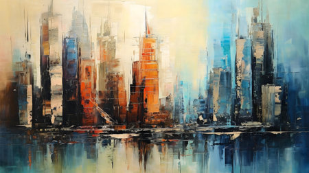 Abstract cityscape painting with vibrant colors and water reflection.の写真素材