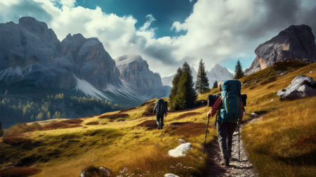 Hikers explore stunning mountain range. Autumnal landscape.の写真素材