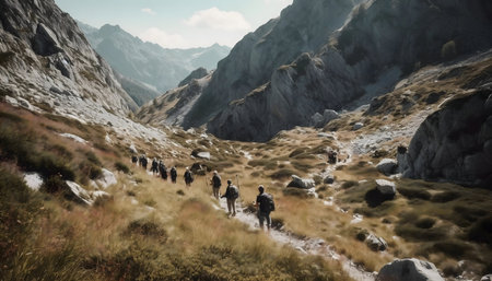 Hikers traverse a breathtaking mountain valley. A serene landscape.の写真素材