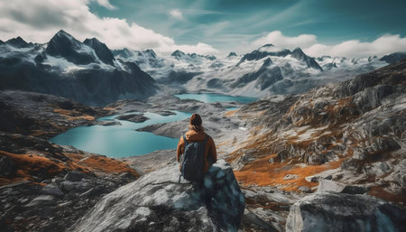 Hiker admiring a breathtaking mountain lake view. Serenity and adventure unite.の写真素材