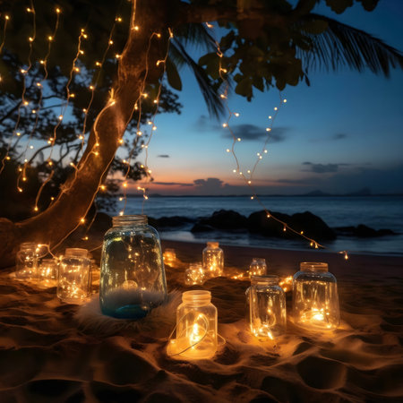 Romantic beach scene at night with glowing jars, string lightsの写真素材