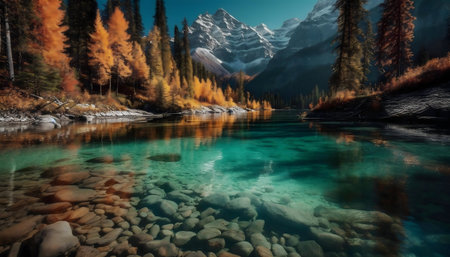 Stunning autumnal scene of a crystal-clear river reflecting majestic mountains.