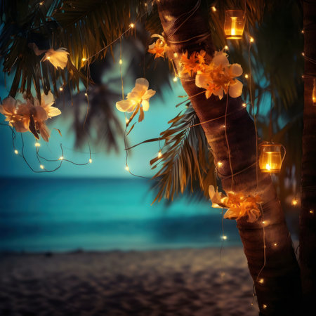 Romantic beach scene at night with palm tree lights and flowers.の写真素材