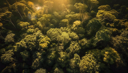 Aerial view of a lush rainforest at sunrise or sunset. Golden sunlight filters through the dense canopyの写真素材