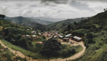 Picturesque mountain village nestled in lush green hills. A tranquil scene.の写真素材