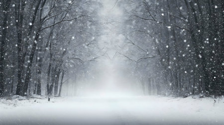 Serene winter forest scene. Snow falling softly on a path.の写真素材