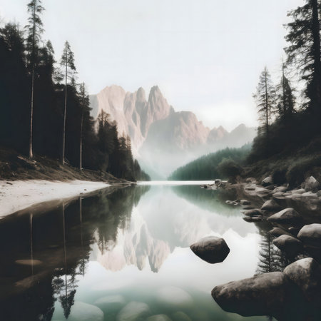 Misty mountain lake with perfect reflection.の写真素材