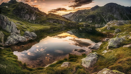Serene mountain lake reflecting a vibrant sunset.