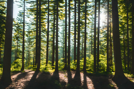 Sunlit forest path, serene, calm, peaceful nature sceneの写真素材