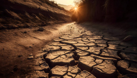 Arid landscape at sunset. Cracked earth and dry riverbed.の写真素材