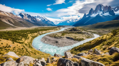 Serene river flowing through the majestic Andes Mountains. Breathtaking natural beauty.の写真素材