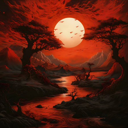 A digital painting of a fantasy landscape with a red sunset, river, trees and mountains.の写真素材