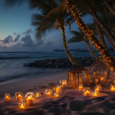 Romantic beach scene at night with candles and palm trees.の写真素材
