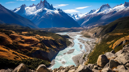 Stunning aerial view of a turquoise river winding through a majestic valley in the Andes Mountains.の写真素材