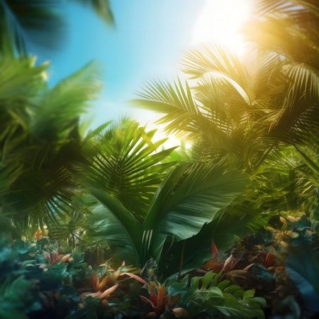 Sunbeams through dense jungle foliage.の写真素材