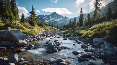 A calming mountain river flows through a lush green forest, reflecting the majestic peaksの写真素材