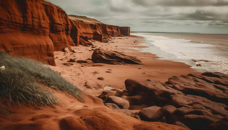 Stunning coastal scene with red cliffs, sandy beach, and ocean waves.の写真素材