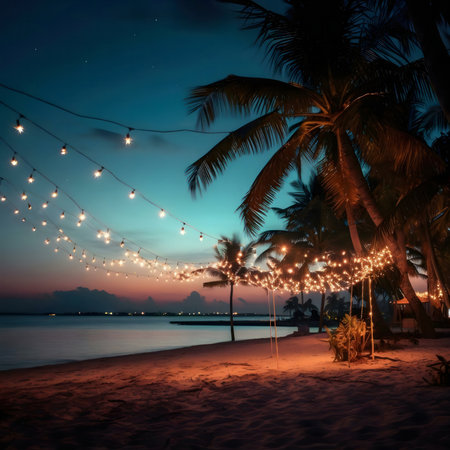 Romantic beach scene at sunset, palm trees illuminated by fairy lights.の写真素材