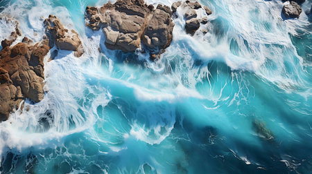 Stunning aerial shot of powerful ocean waves breaking against a rugged coastline. The turquoise water and white foam create a dramatic scene.の写真素材