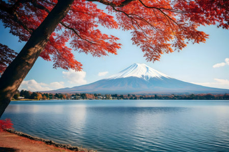 Majestic Mount Fuji reflects in a serene lake, framed by vibrant autumn foliage. A tranquil scene.の写真素材