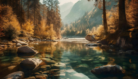 A serene autumn scene of a river reflecting golden trees and mountains.の写真素材