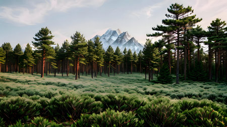 Serene forest scene with majestic mountains in the backgroundの写真素材