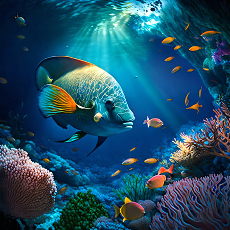 Stunning underwater scene showcasing vibrant reef fish and coral. A mesmerizing aquatic paradise.の写真素材