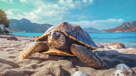 A large tortoise rests on a sandy beach, with a stunning ocean view and mountains in the background.の写真素材