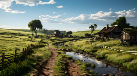 Picturesque countryside scene featuring rustic farmhouses, rolling hills, and a tranquil stream.の写真素材