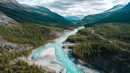 Stunning aerial shot of a turquoise river flowing through a mountain valley. Breathtaking scenery.