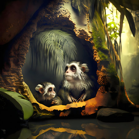 Two cotton-top tamarins nestled in a rainforest tree hollowの写真素材
