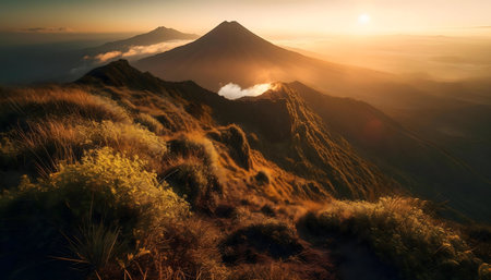 Stunning sunrise over volcanic mountains. Golden light bathes the scene.の写真素材