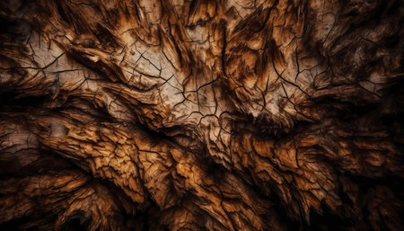 Close-up of ancient, deeply textured wood. Rich browns and cracks show age.