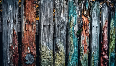 Close-up view of an old, weathered wooden fence with peeling paint showing various colors.の写真素材