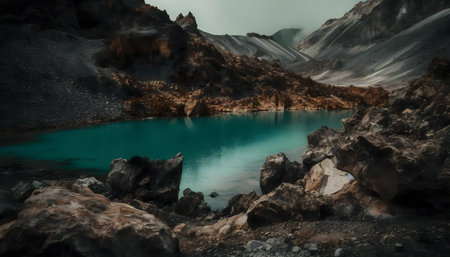 A tranquil teal lake mirrors the imposing volcanic mountains. A breathtaking natural scene.の写真素材